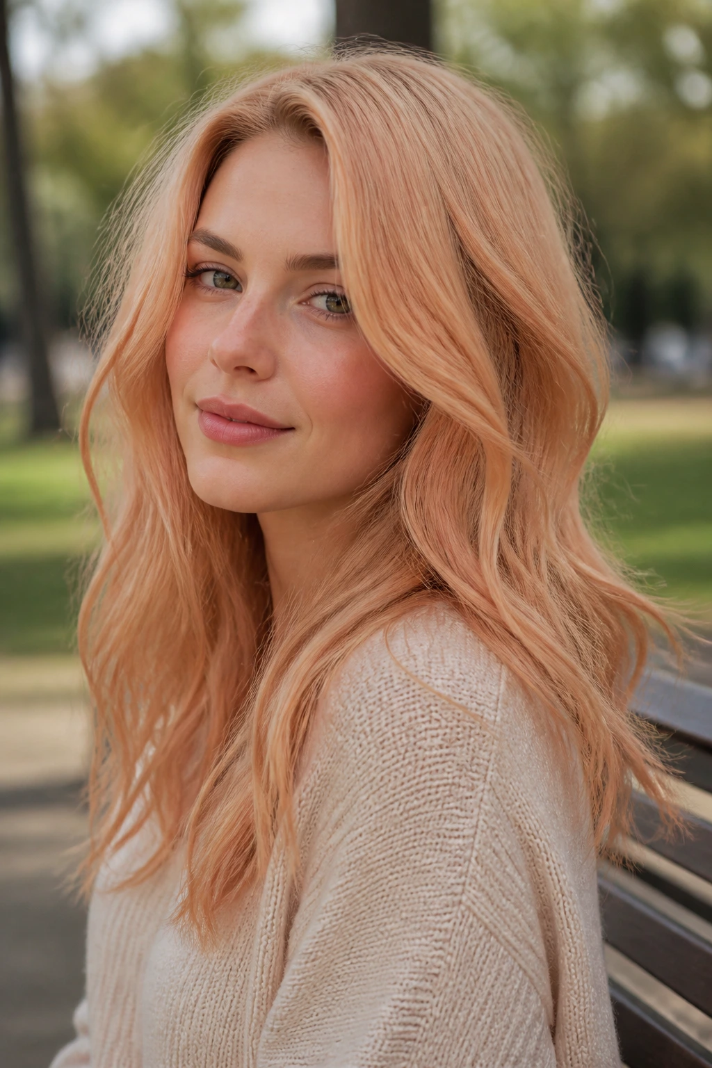 Close-up of a real woman with dusty peach strawberry blonde hair in outdoor daylight