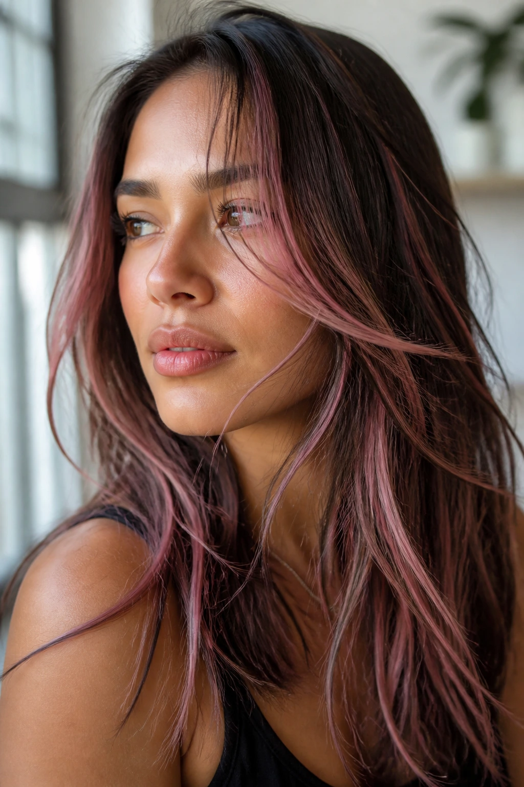 Close-up of a real woman with dusty pink ribbons in layered fine hair under soft light