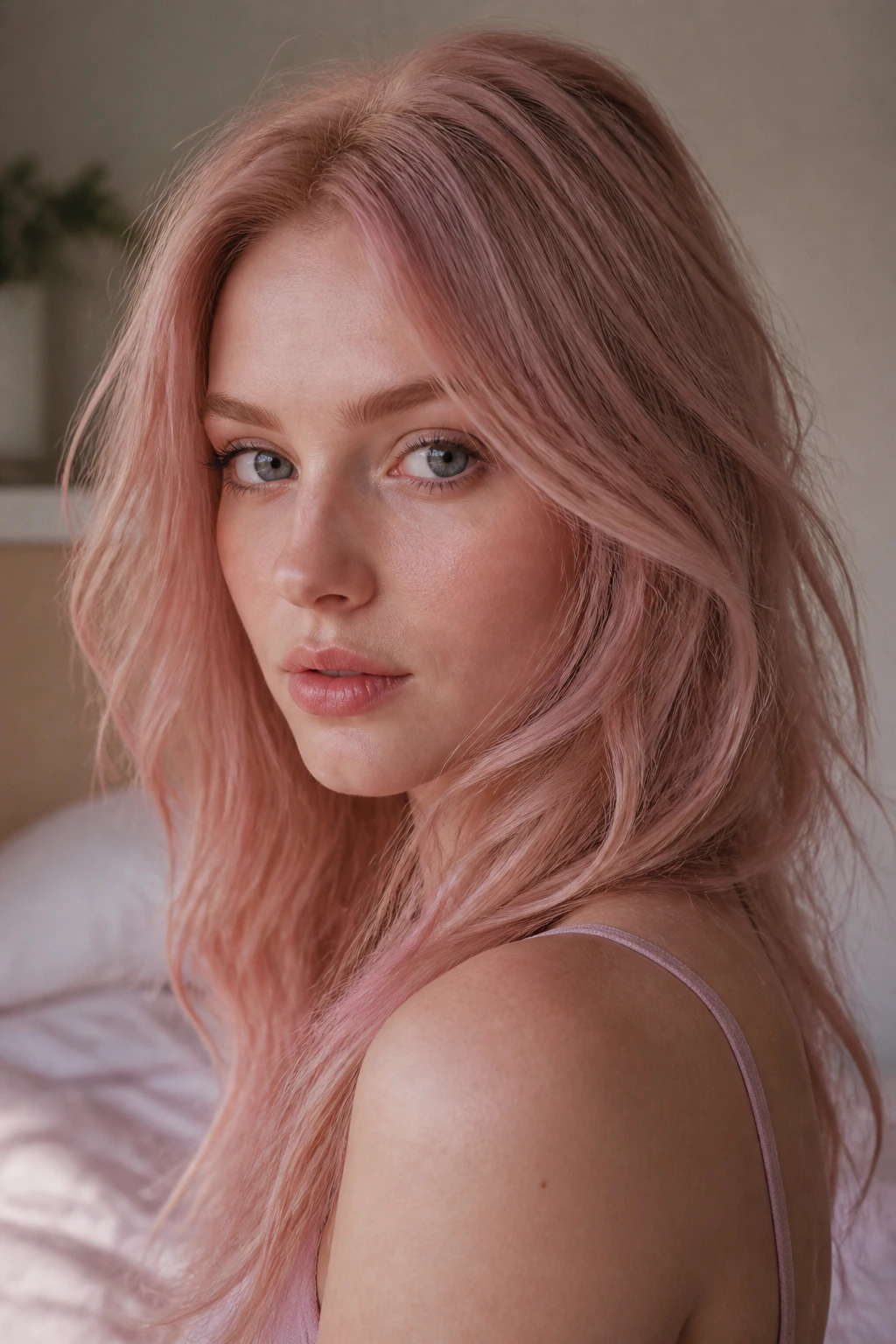 Close-up of real person with dusty pink strawberry blonde hair in soft light