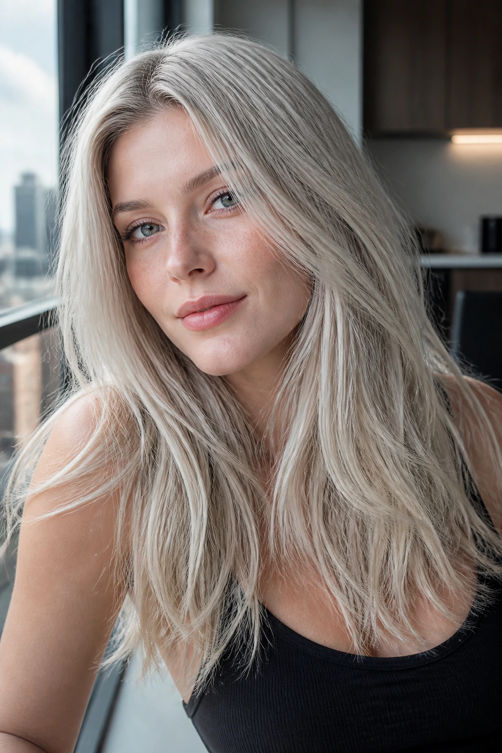 Close-up of woman with dusty platinum blonde hair in soft window light