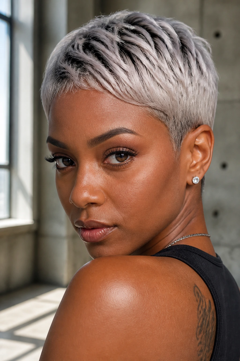 Close-up of a real person with a dusty platinum crop and shadow root