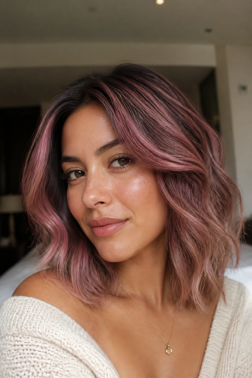 Close-up of a real woman with dusty rose crown lights at the crown on medium skin tone