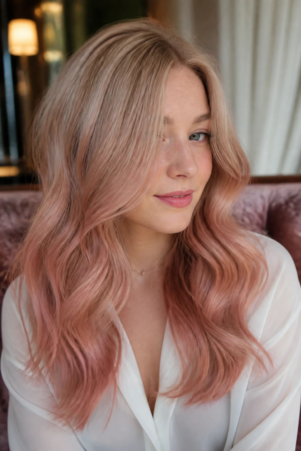 Close-up of a real woman with dusty rose strawberry melt hair, beige to rose gradient
