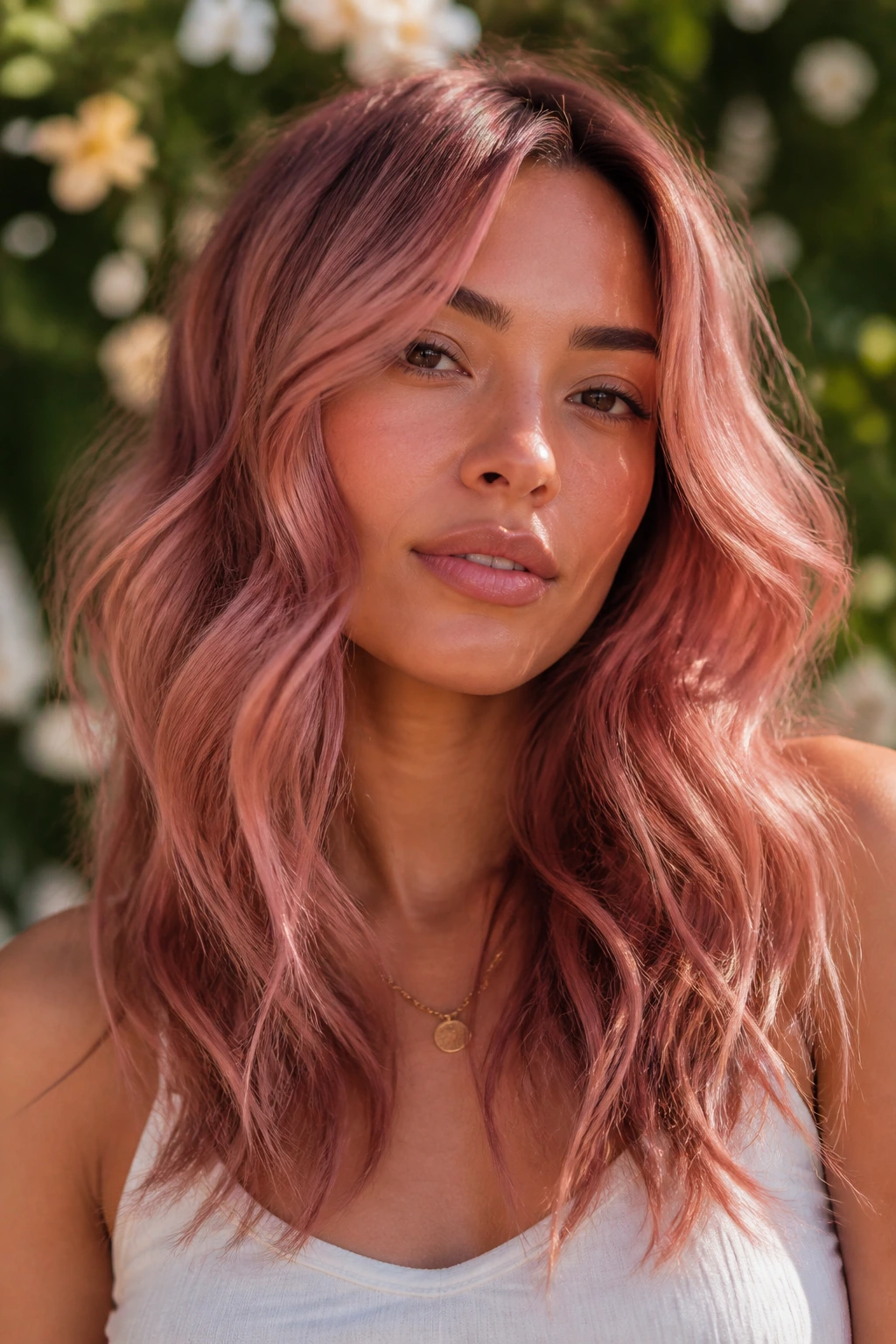 Close-up portrait of a woman with dusty rose strawberry waves in natural light.