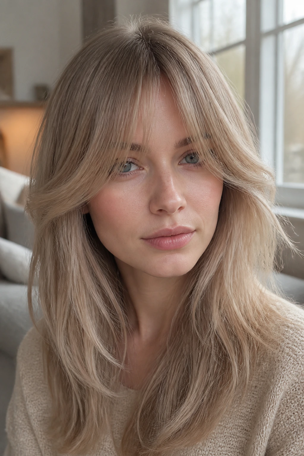 Close-up portrait of a woman with curtain bangs and dusty sand blonde hair