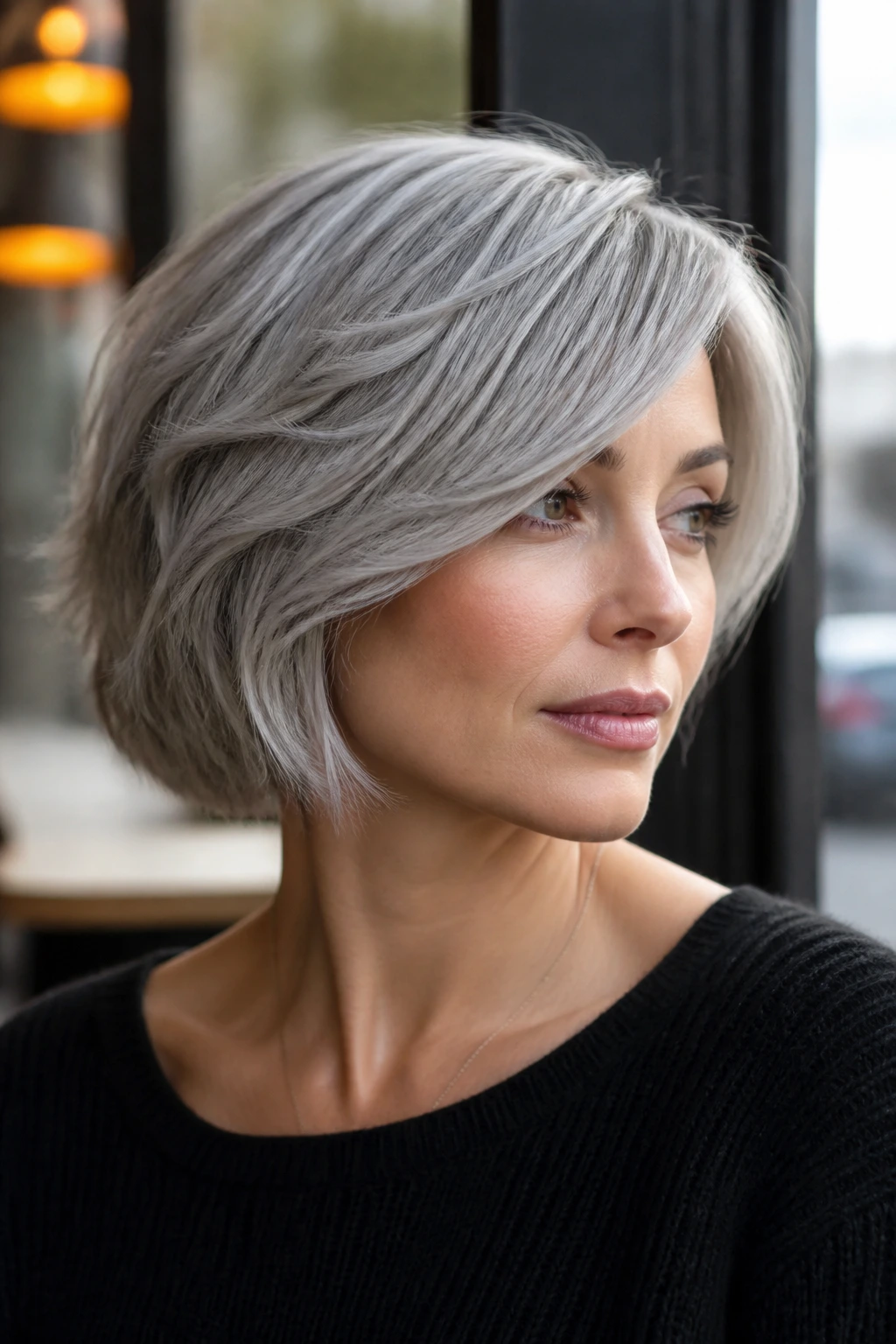 Close-up of a real woman with dusty silver layered bob under soft cafe light.