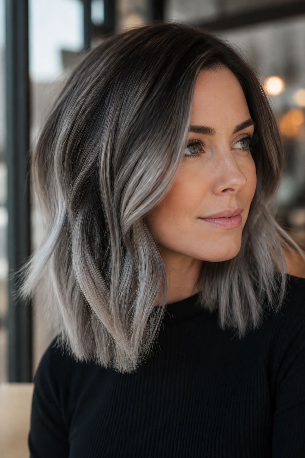 Close-up portrait of a real woman with a dusty silver lob