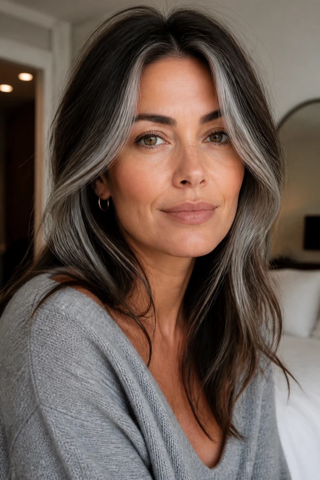 Close-up of a real woman with a dusty steel face frame around cheekbones in brunette hair