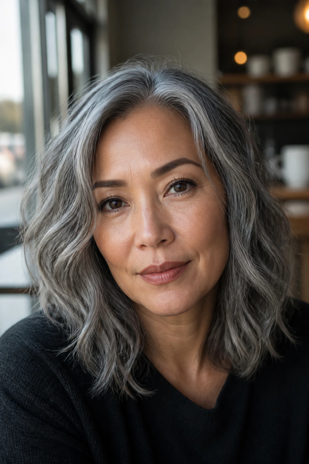 Close-up portrait of a real woman with dusty steel gray hair in loose waves.