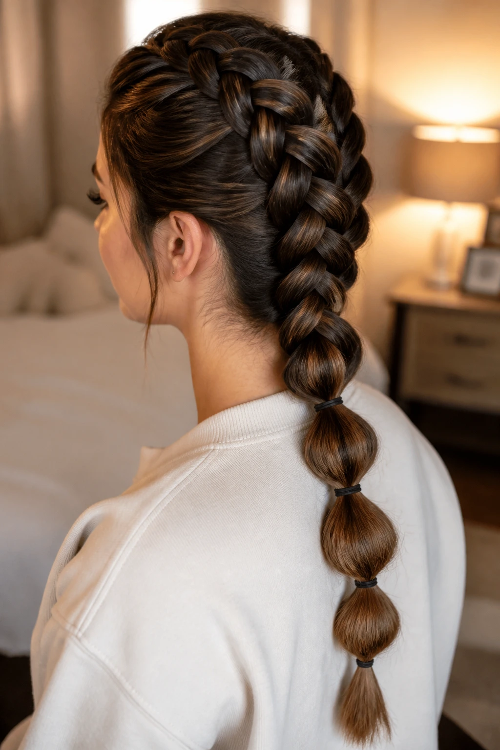 Close-up of a real person with a Dutch braid ending in bubble sections along the tail