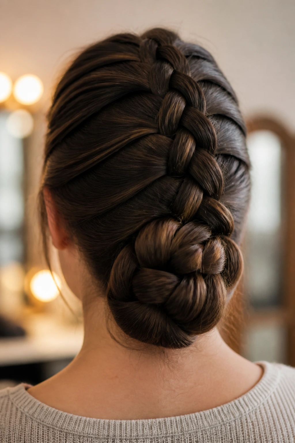 Back view of a real woman showing a Dutch braid forming a bun at the nape