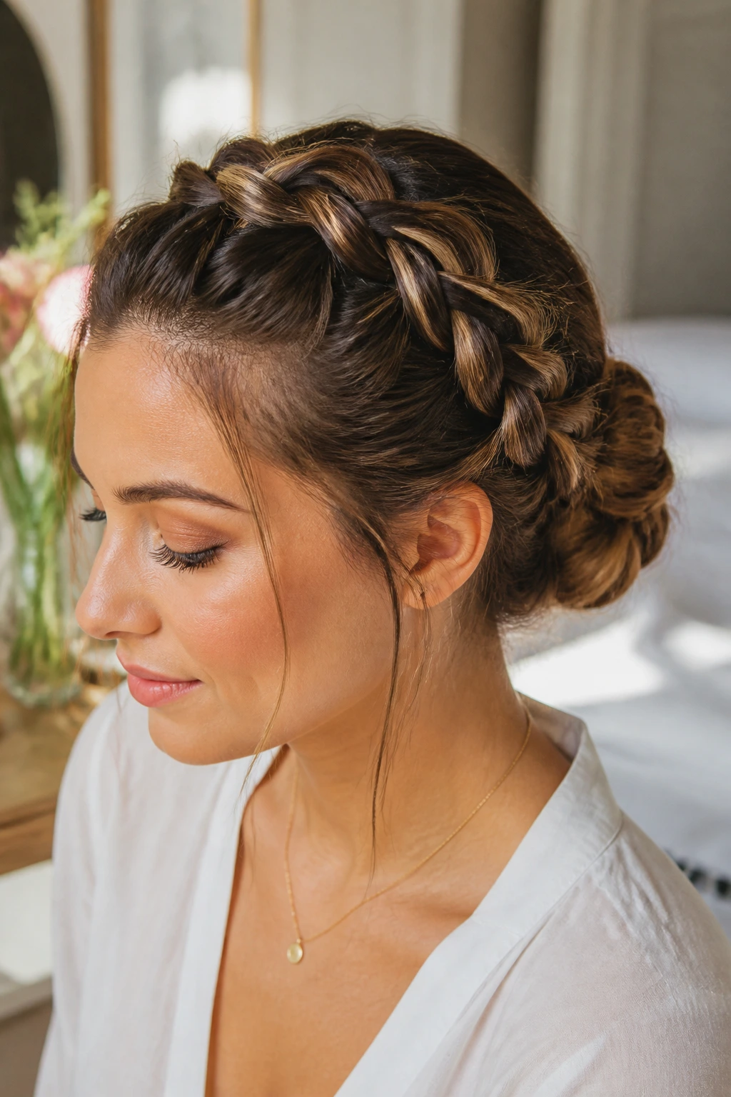 Close-up of a real woman with a Dutch braid transitioning into a bun at the nape