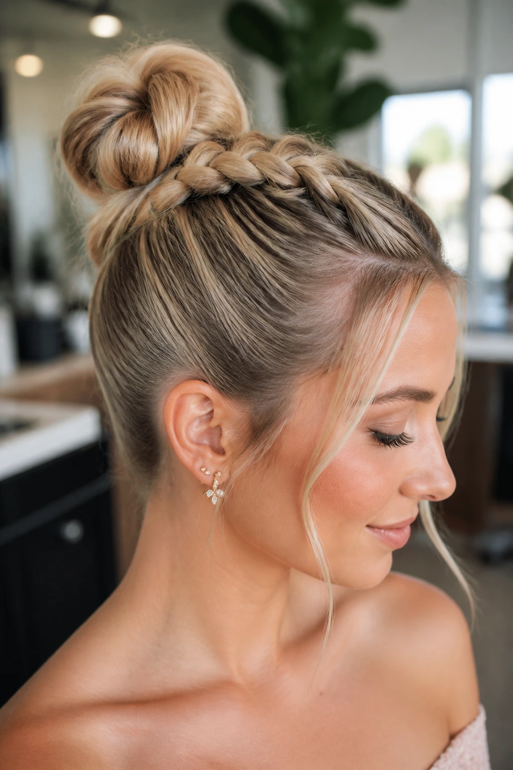 Close-up of a real woman with Dutch braid bun and sleek sides, blonde moneypieces.