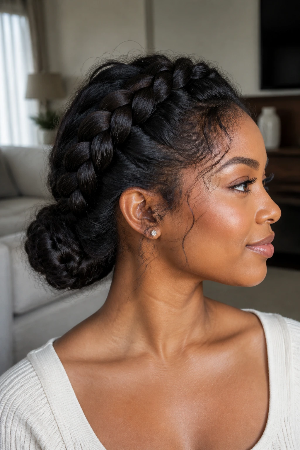 Real woman with a braided bun and soft halo around hairline