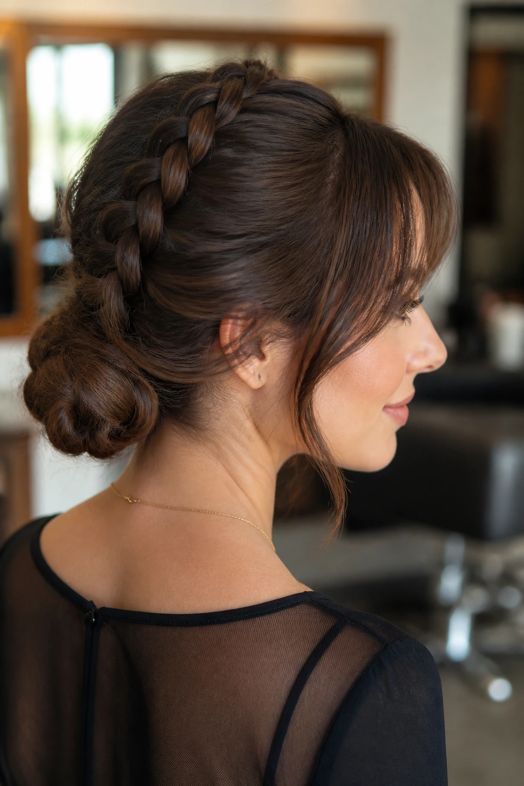 Dutch braid into tucked chignon on real person