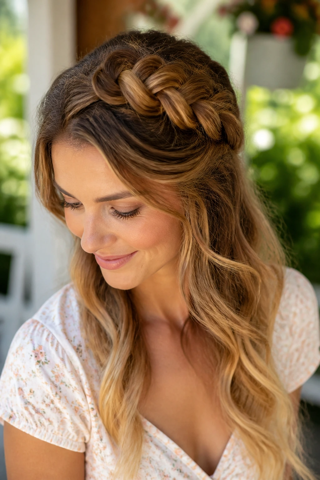 Real woman with Dutch braid crown and honeyed ends, warm light.