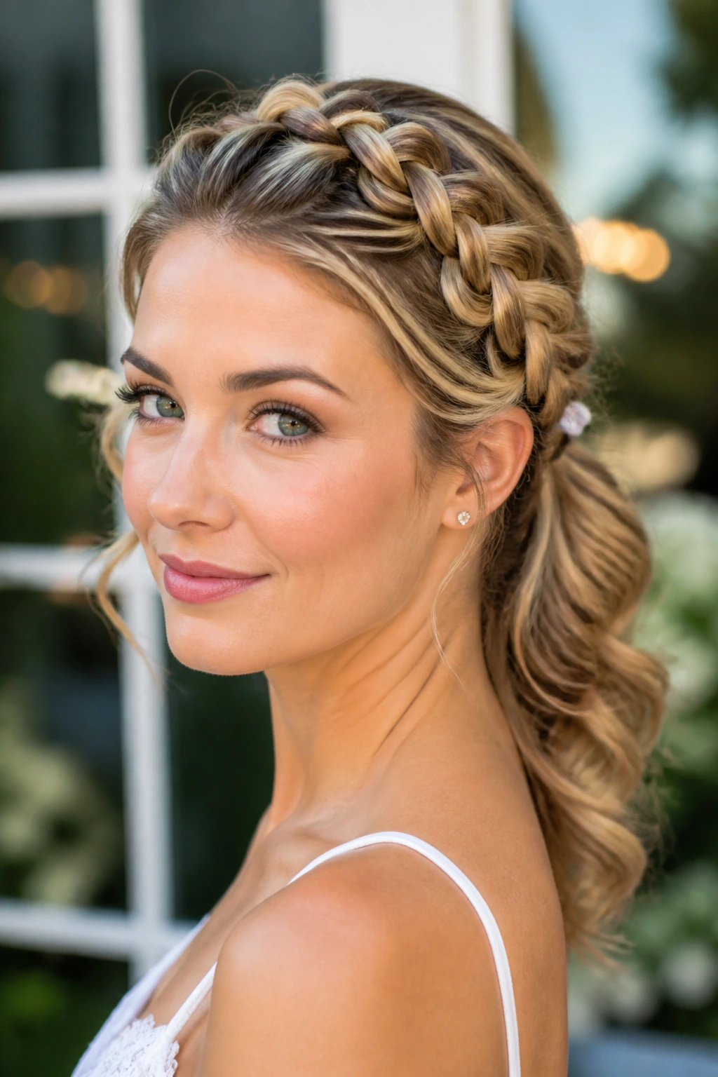 Close-up of a real woman with a Dutch braid crown turning into a ponytail.
