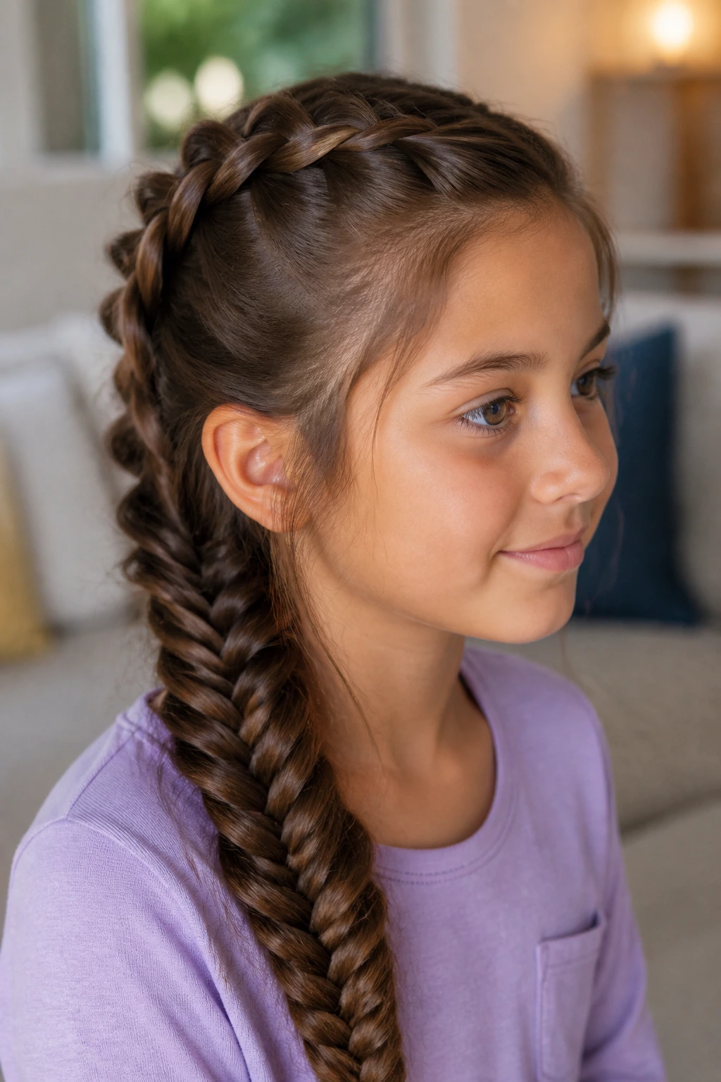 Three-quarter profile of a child with crown Dutch braid blending into fishtail