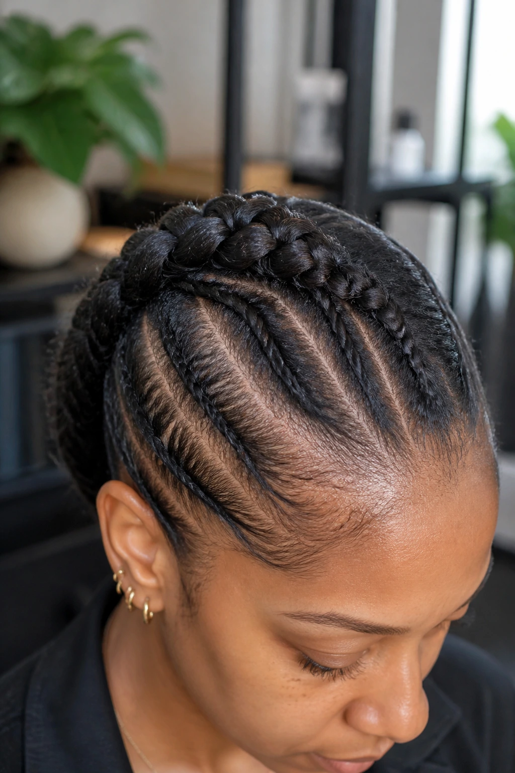 Close-up of crown showing flat twists blending into a Dutch braid on fine 4C hair.