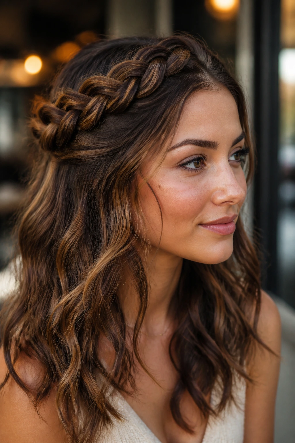 Real woman with a relaxed Dutch braid half-crown and walnut lowlights in open waves