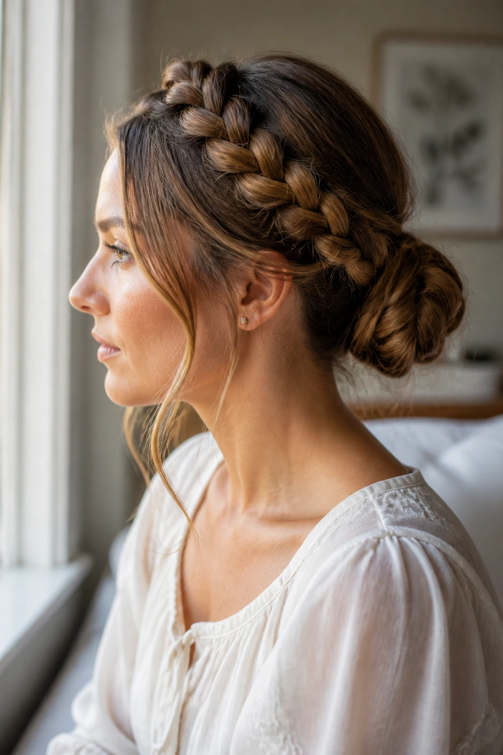 Close-up of a crown Dutch braid halo feeding into a bun with loose front layers
