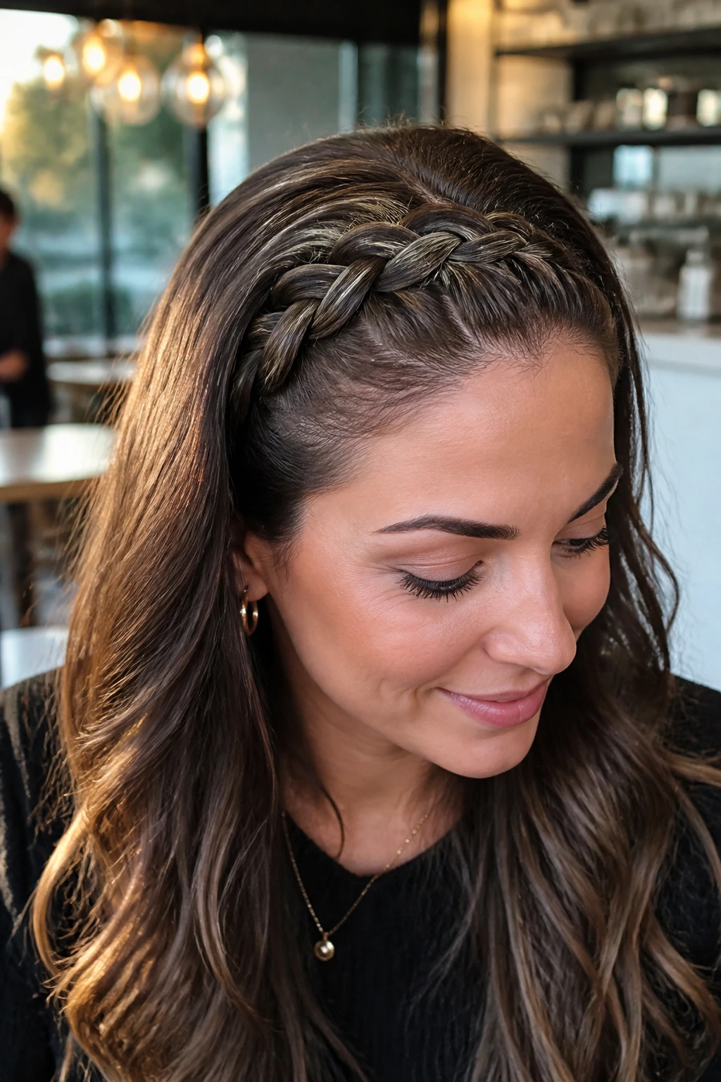 Close-up of a real woman with a Dutch braid headband along the hairline