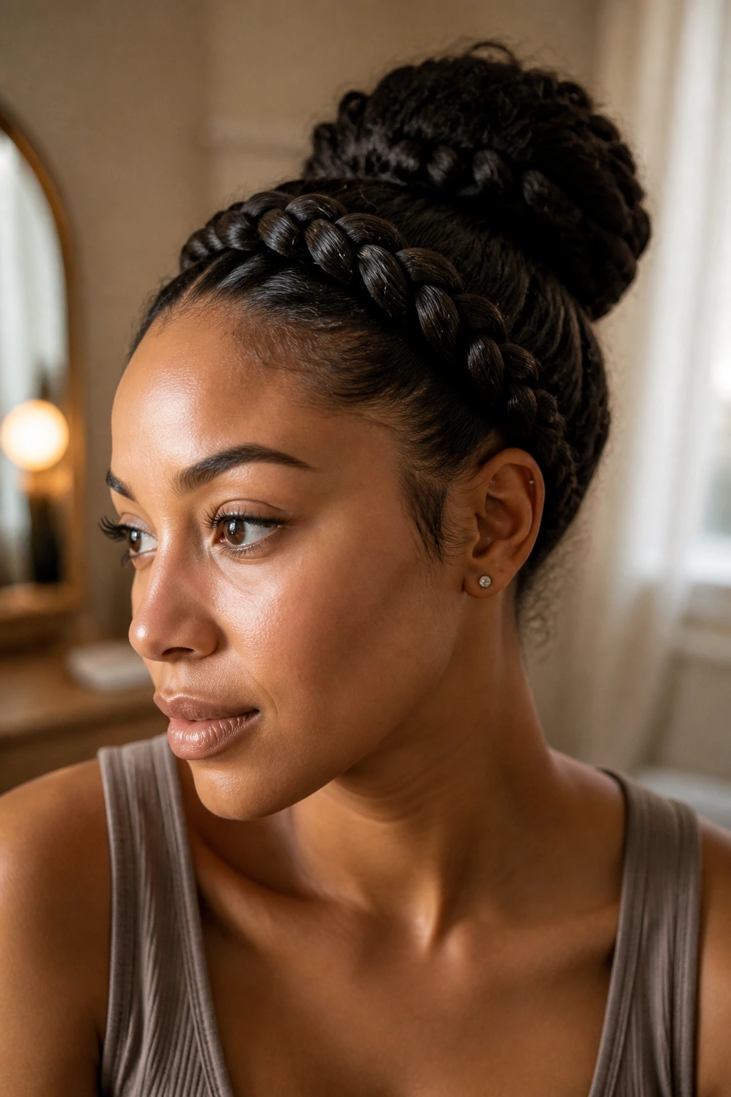 Portrait showing a Dutch braid headband framing the hairline on a real person
