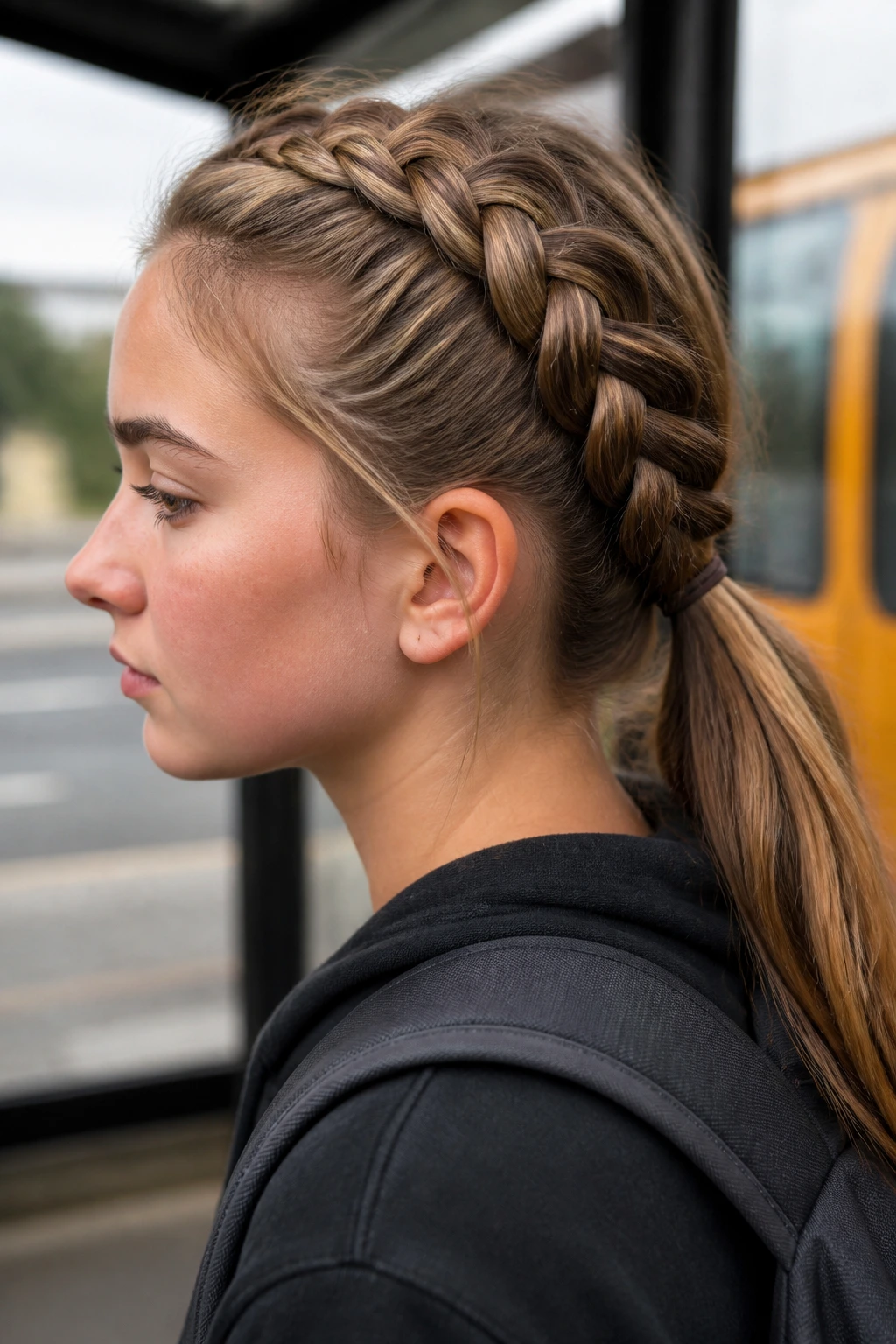 Close-up portrait of a real student with a Dutch braid feeding into a low pony at the back of the head outdoors