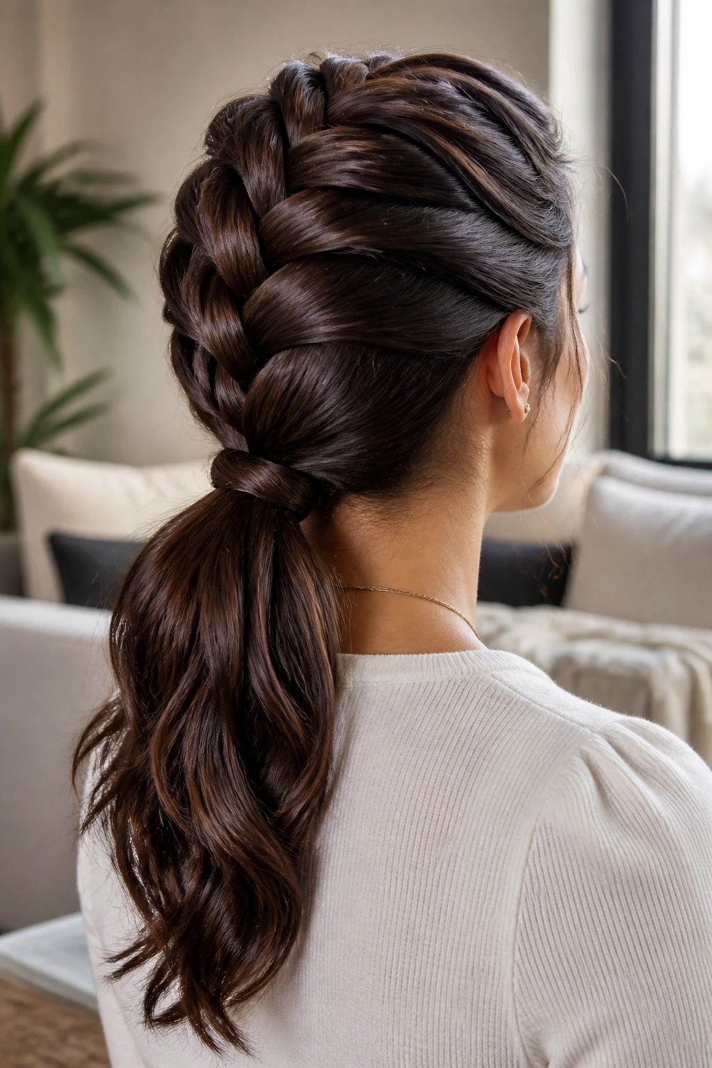Close-up of Dutch braid flowing into a low ponytail