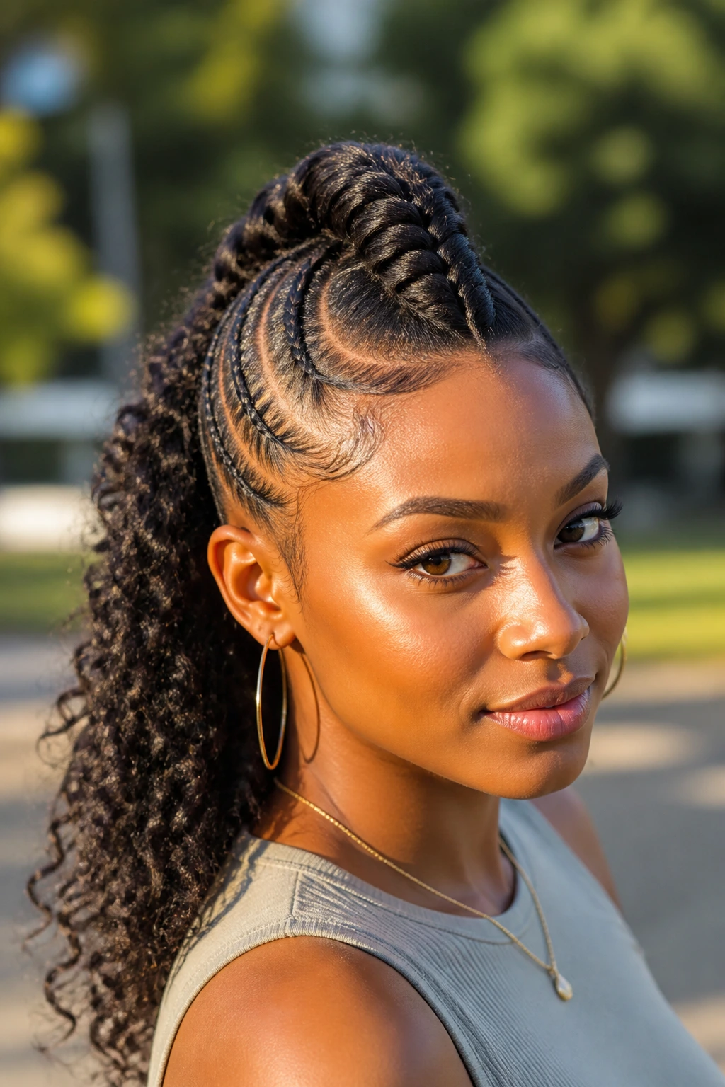 Close-up of a real Black person with a Dutch braid mohawk and curly ponytail ends
