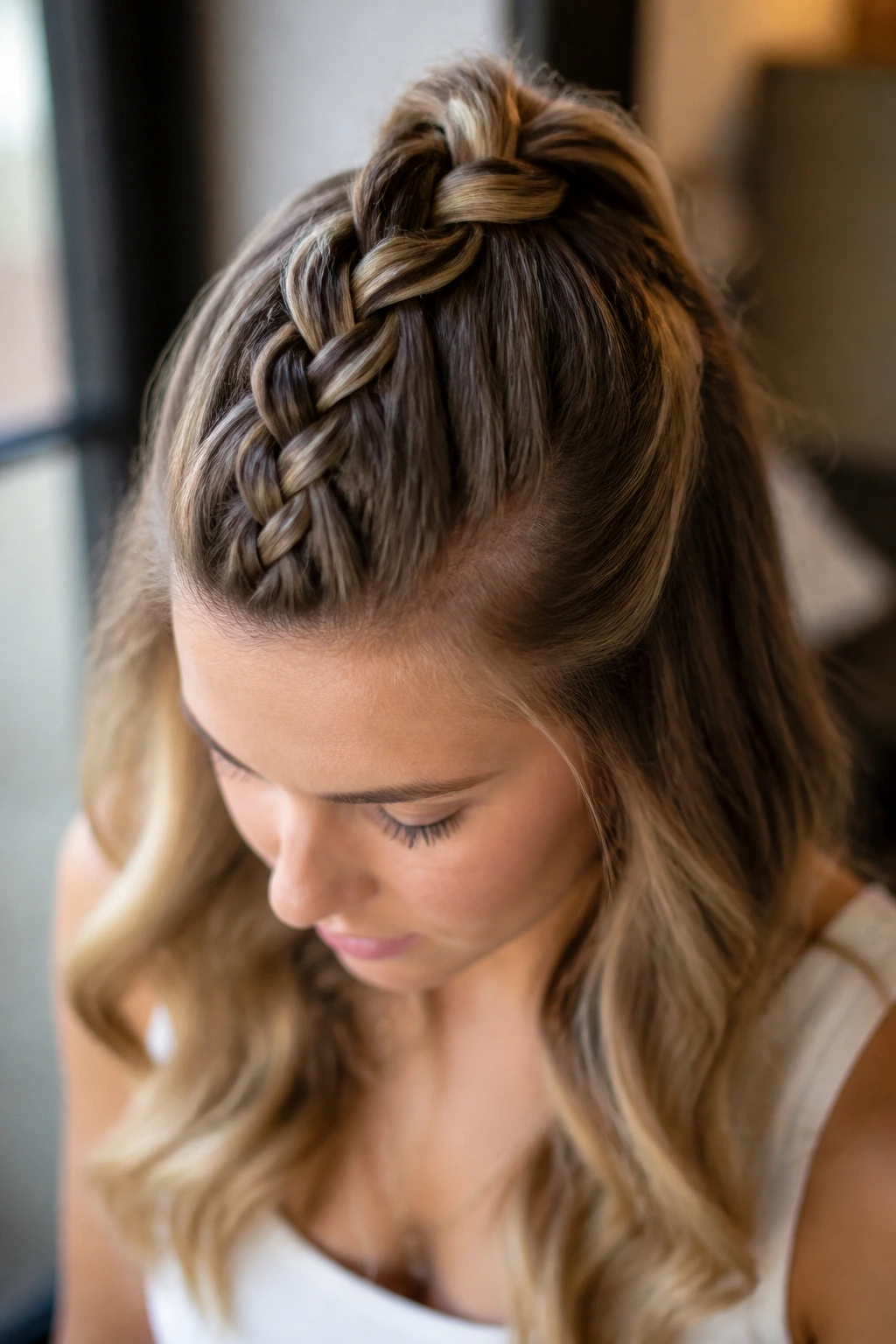 Top-down close-up of real woman with a Dutch braid mohawk half-up hairstyle.
