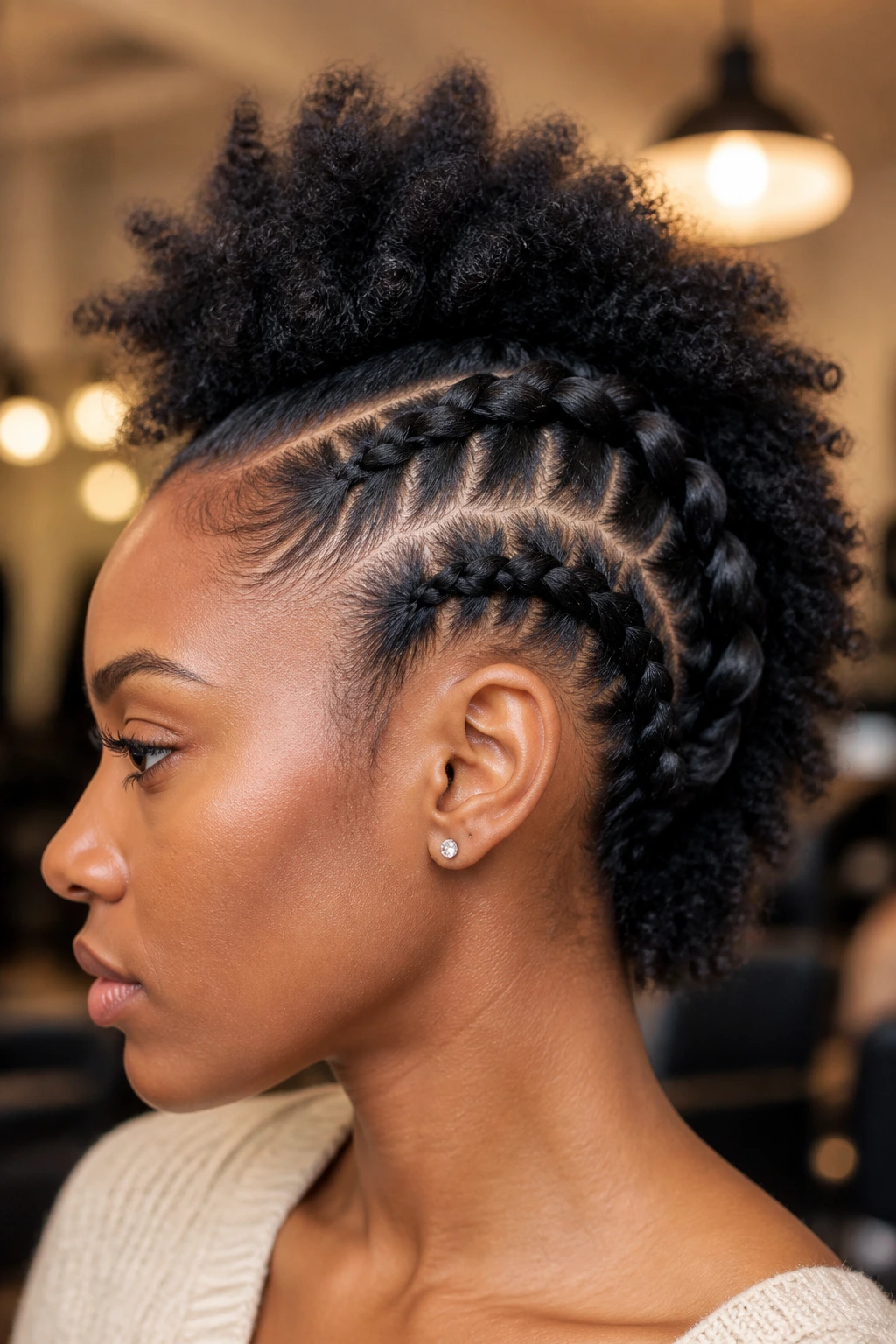 Close-up of a real person with a mohawk-style Dutch braid and fluffy crown puff