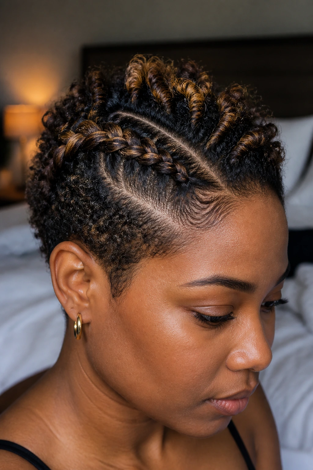 Close-up of a real person with a Dutch braid showing clean parts and sharp stitches with babylights