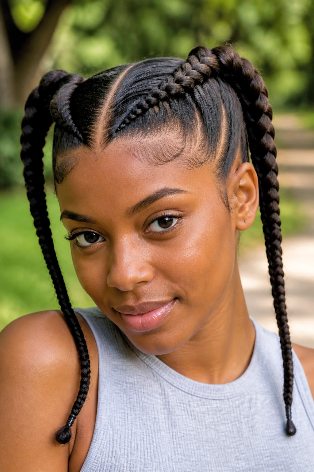 Close-up of a real person with Dutch braids formed into two pigtails in a sunny park.