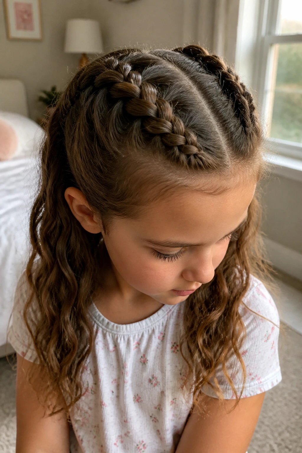 Real child with Dutch braids in two pigtails, close-up portrait