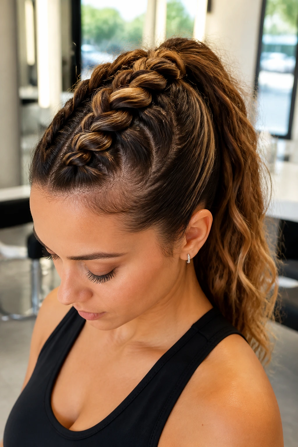 Real woman with a raised Dutch braid ponytail in a salon setting.