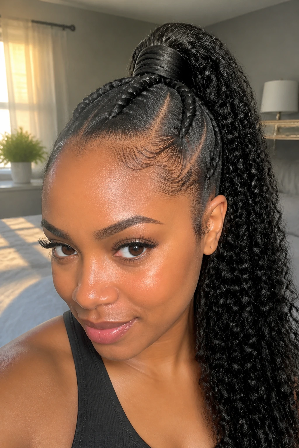 Close-up of a real woman with a Dutch braid into a ponytail and wrapped base in natural light