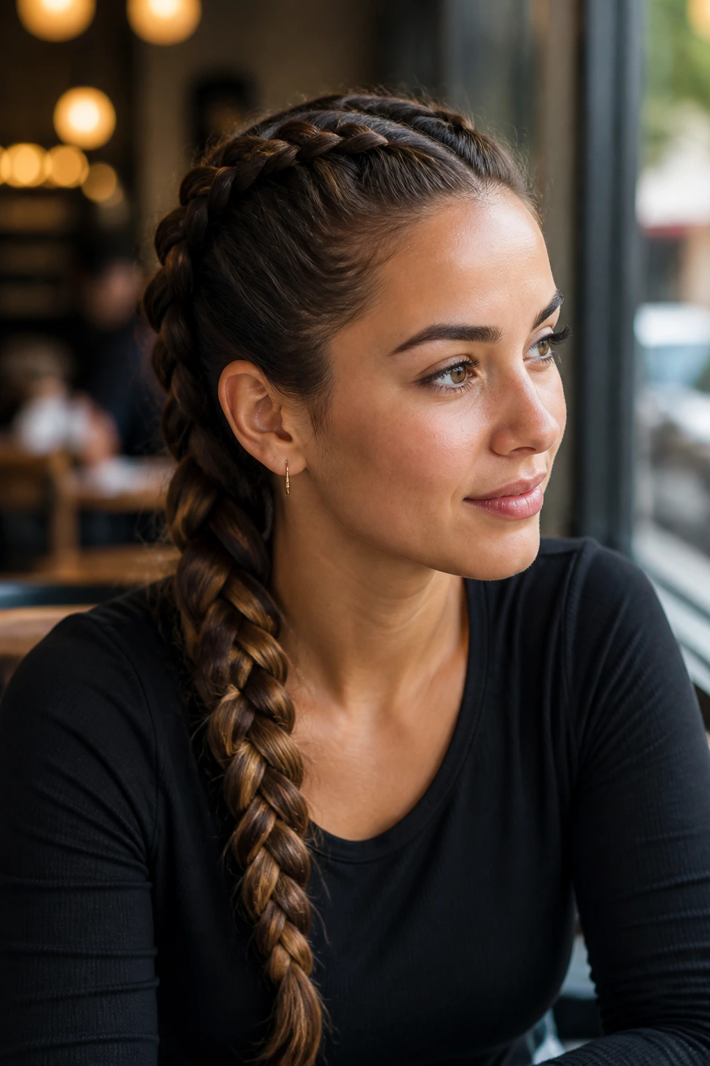 Portrait of a real woman with a Dutch braid in a casual top in a cafe setting.