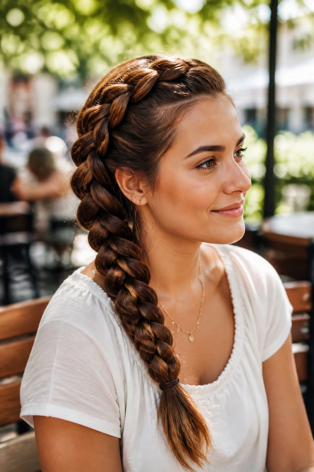 Real woman with thick hair wearing a prominent Dutch side braid along the front toward the shoulder.