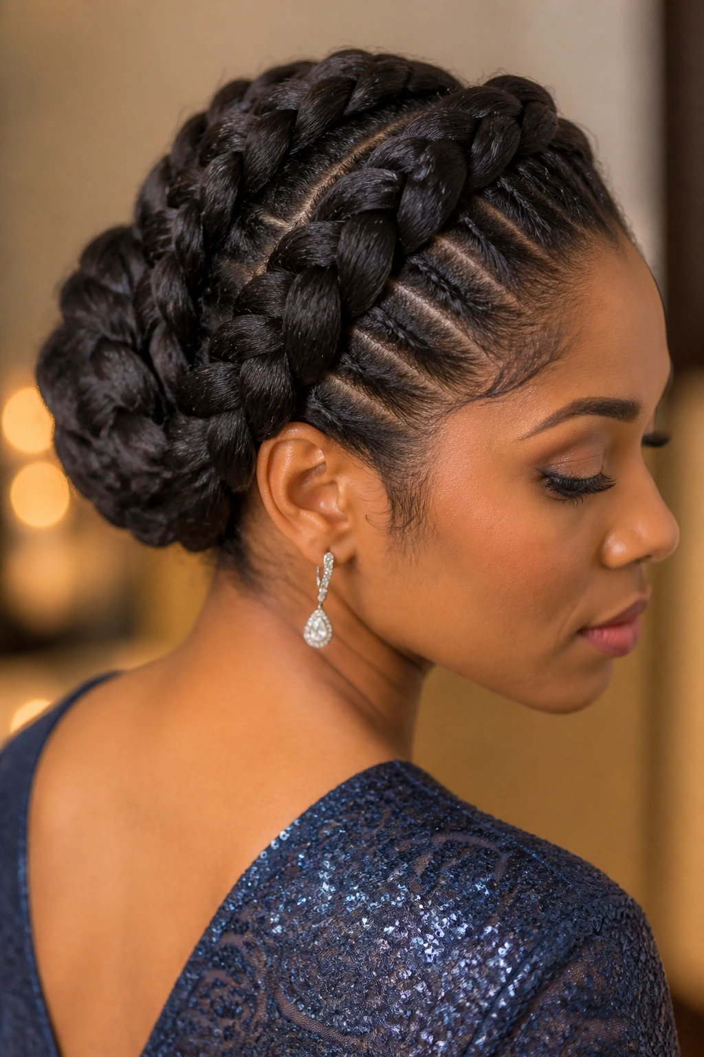 Close-up of a real person with a dressy Dutch braided updo