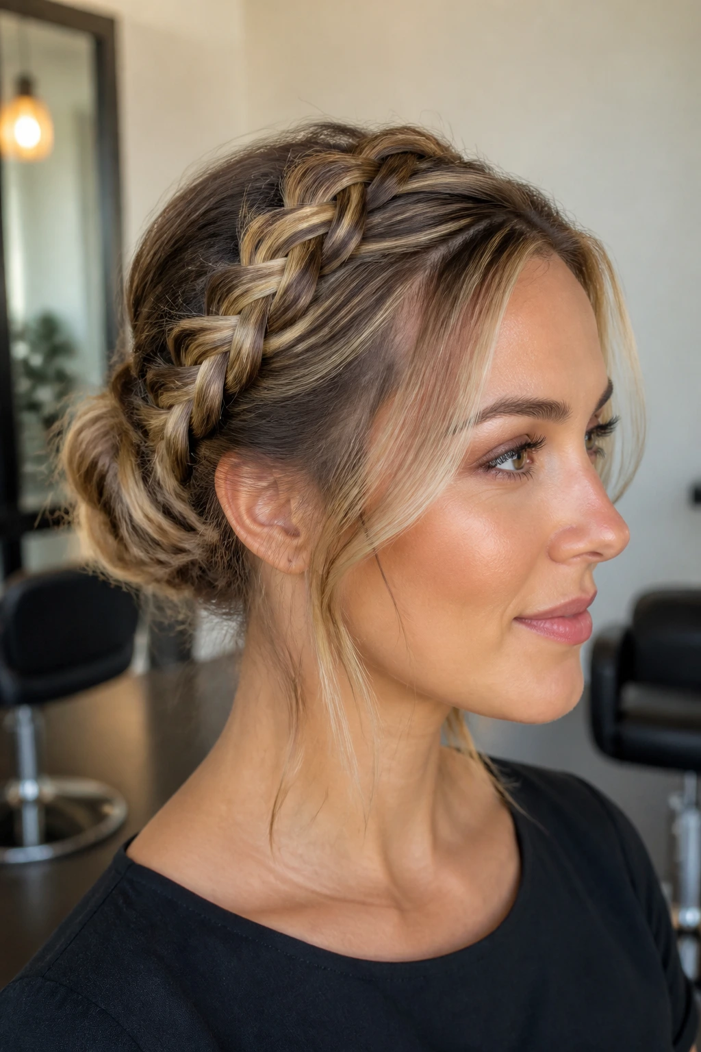 Close-up of a real woman wearing a Dutch-braid tucked updo with money pieces at the temples in a softly lit salon