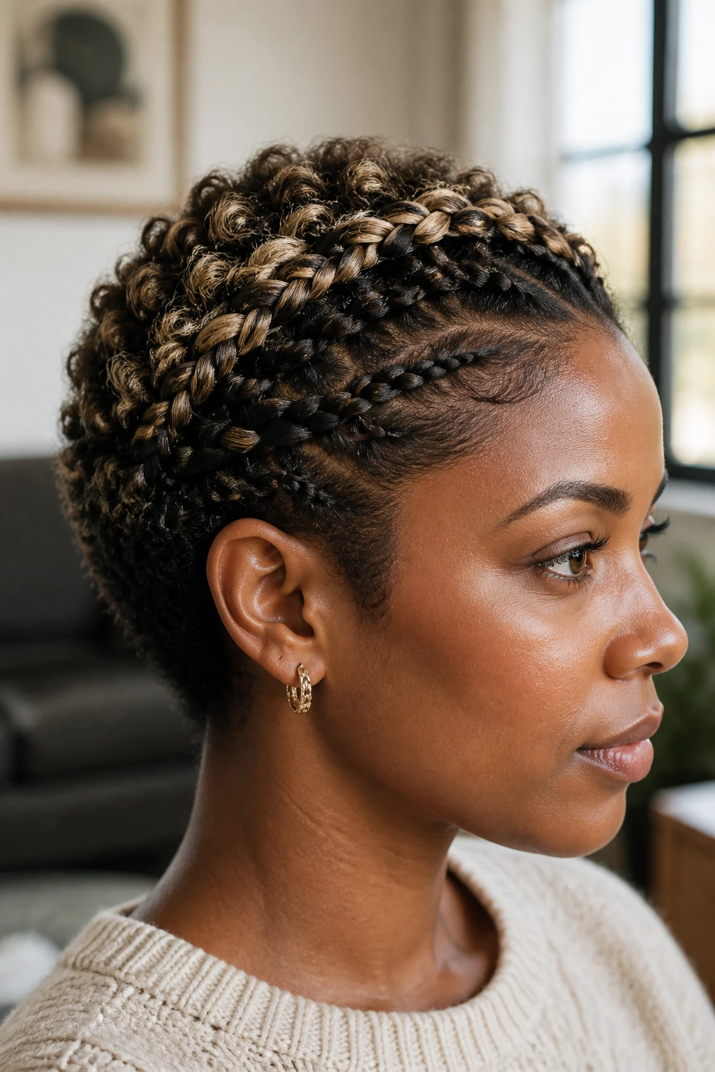 Close-up of a person with a halo Dutch braid variation and babylights