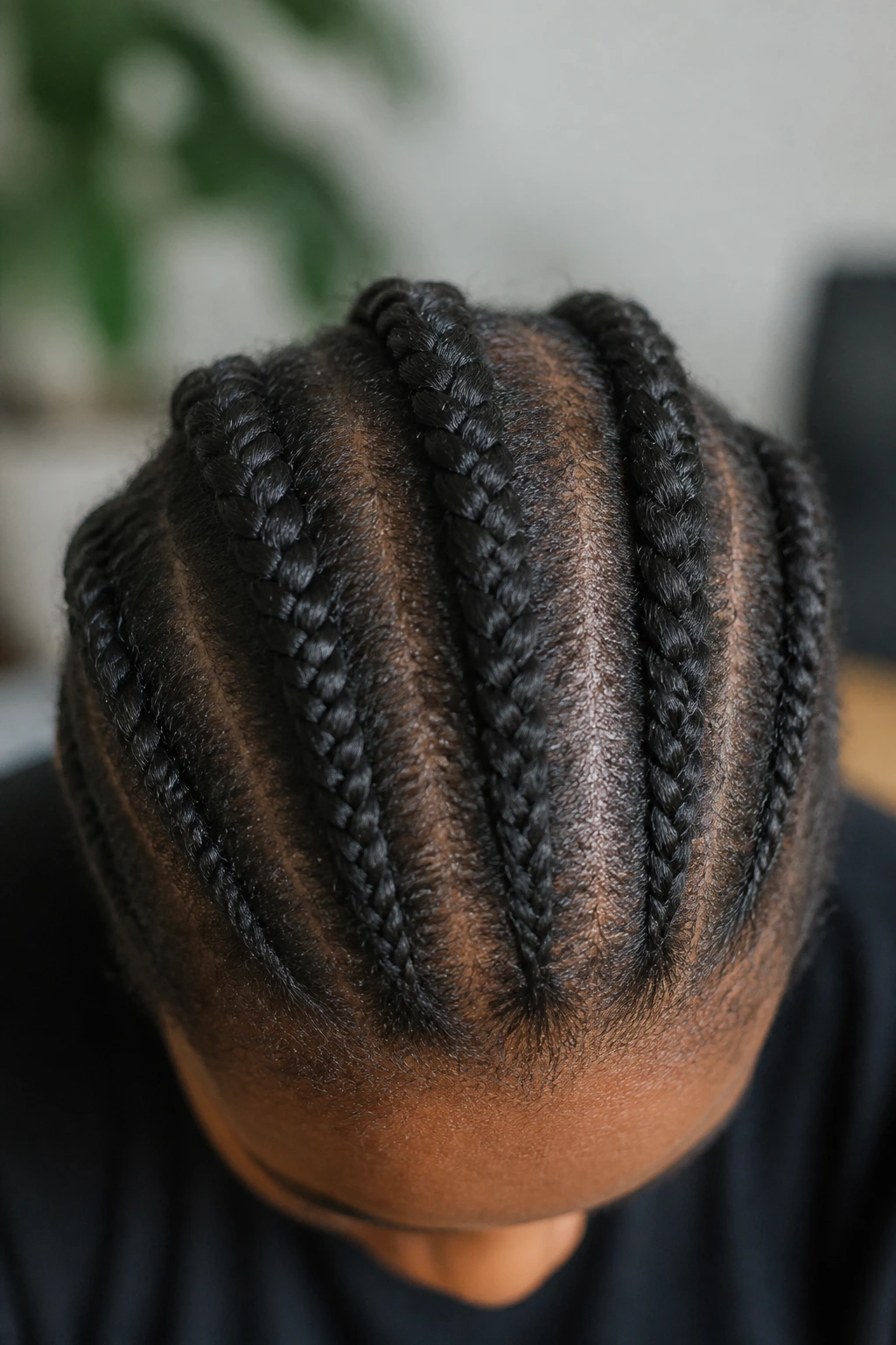 Close-up crown portrait showing Dutch braids on a real person's fine 4C hair