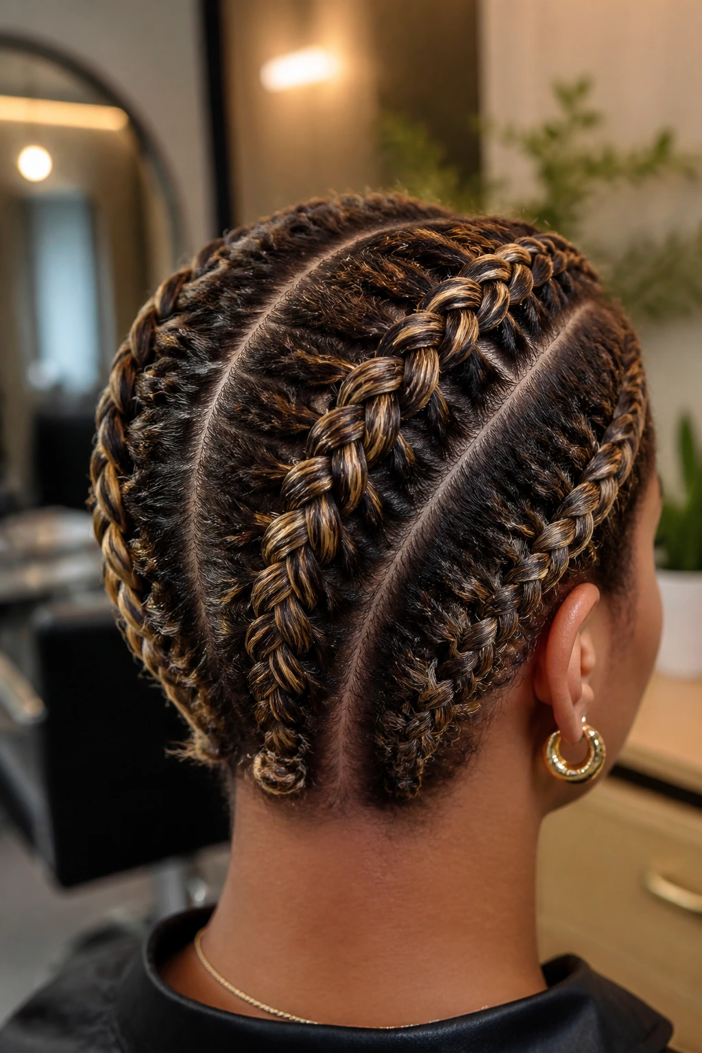 Back of head close-up of short natural hair with Dutch braids and babylights