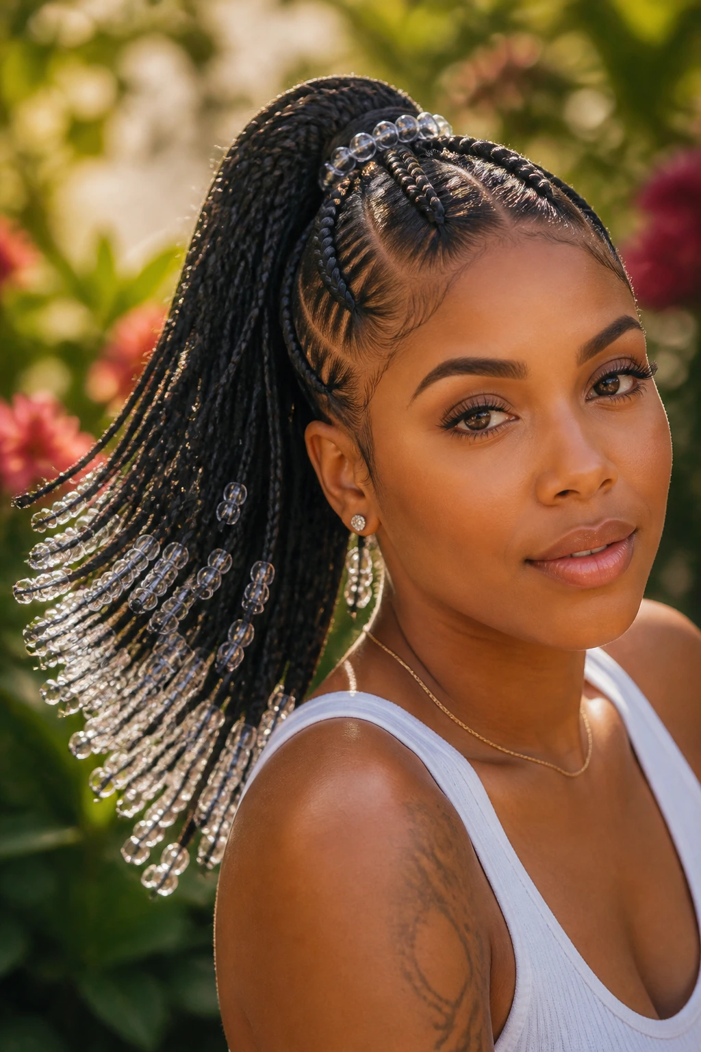 Close-up of beaded Dutch braids and swingy ponytail on a real woman outdoors