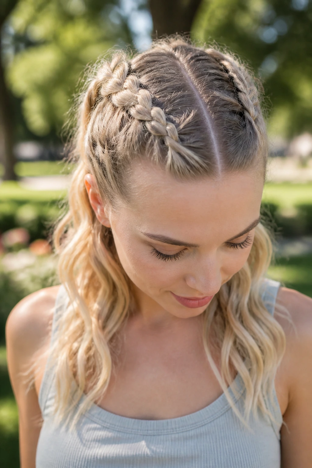 Portrait of a real woman with Dutch braids and loose ends in cool blonde