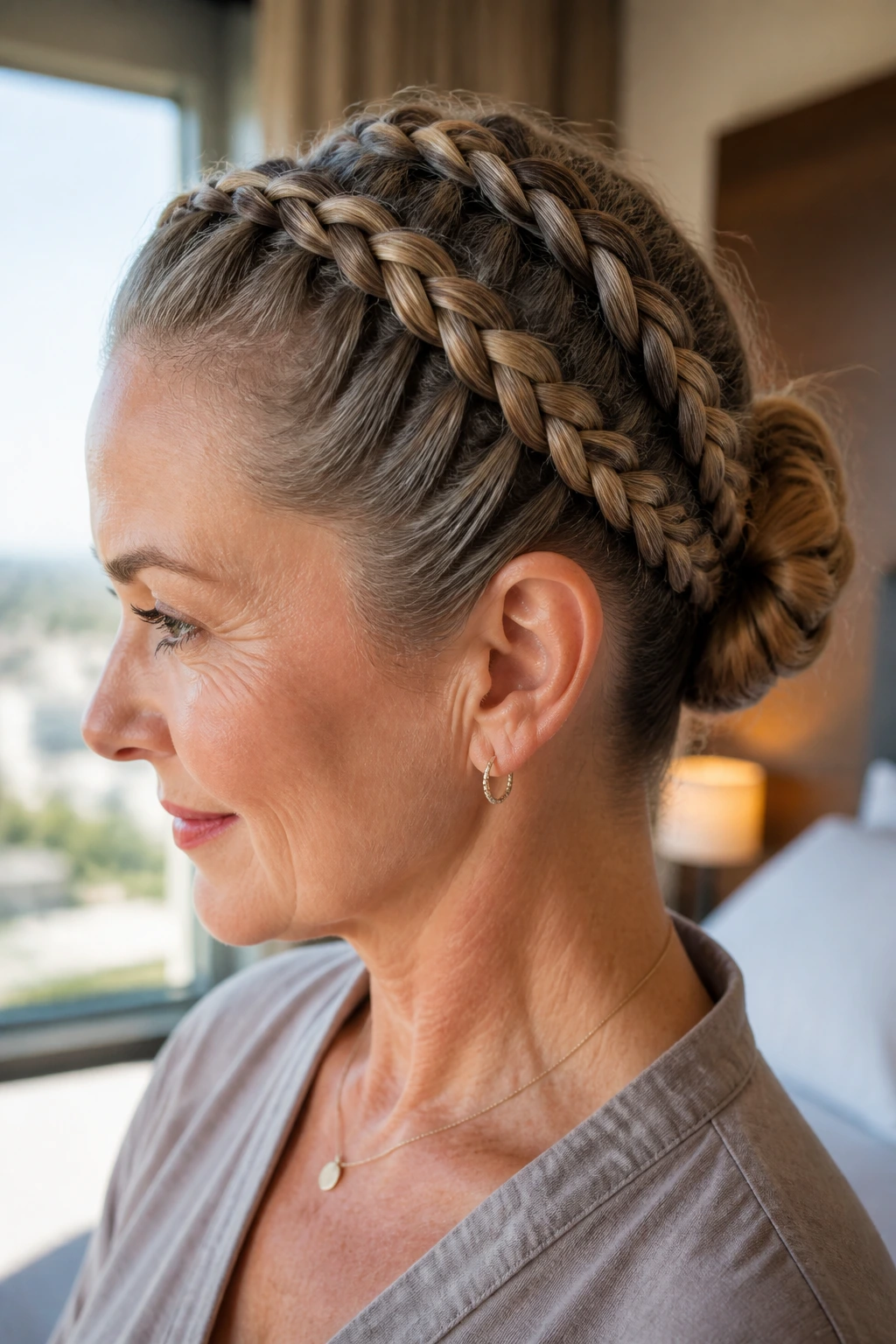 Close-up of a real woman with Dutch braids forming a bun in bright light.