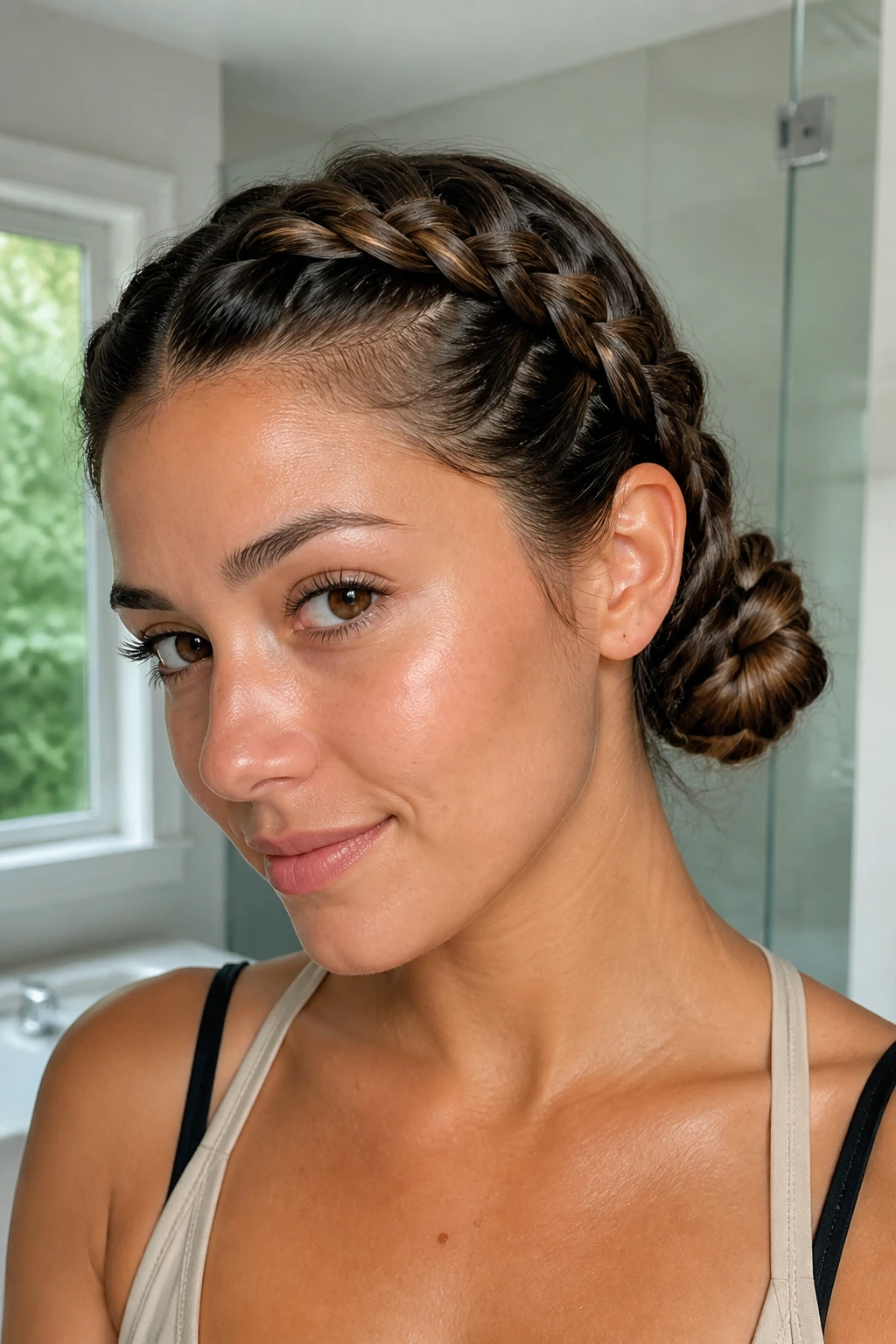 Close-up of a real person showing two Dutch braids forming buns behind the ears