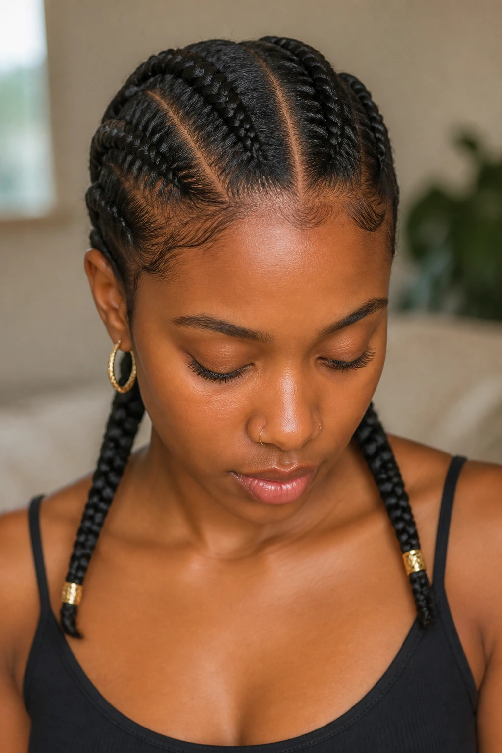 Close-up of a real person with Dutch braids and gold cuffs on the braids