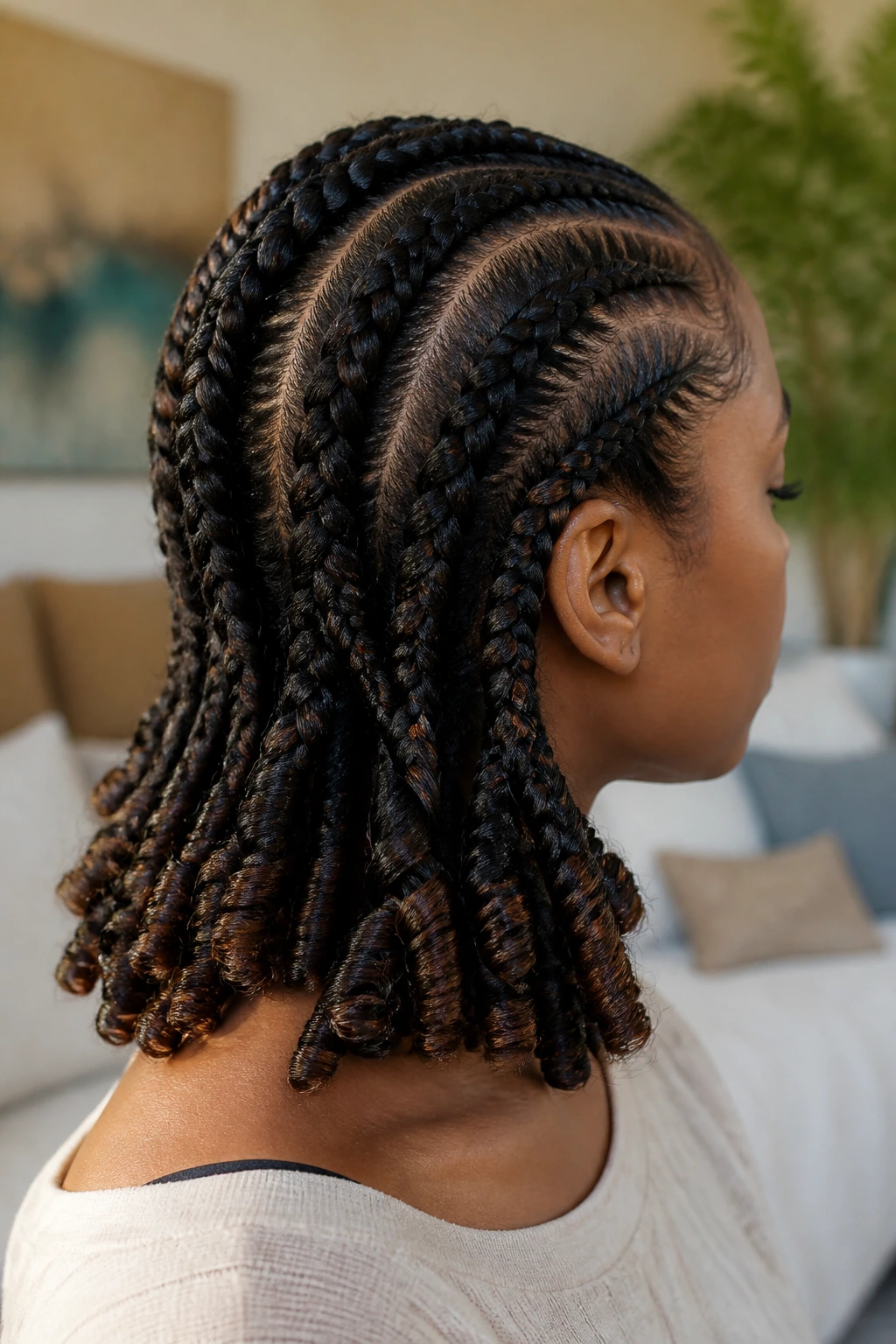Dutch braids ending in curled ends on flexi rods on a real person.